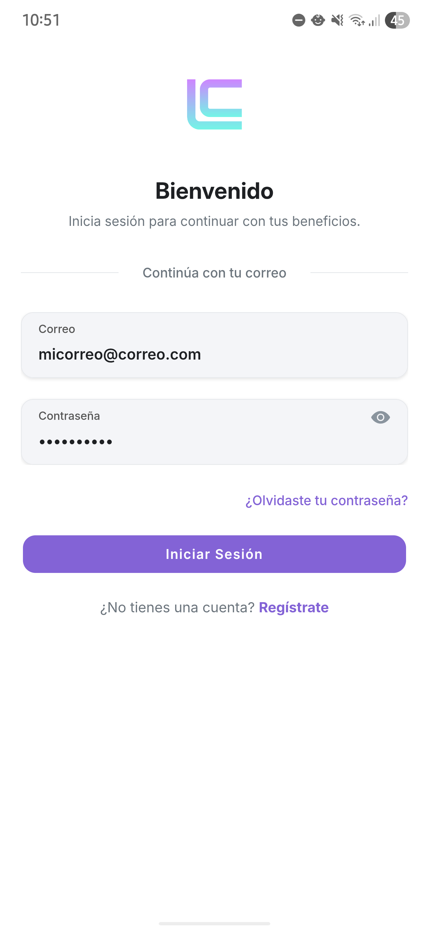 Pantalla de inicio de sesión de la app Loyalty Club